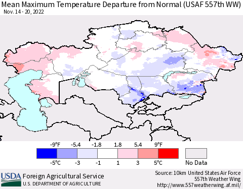 Kazakhstan Mean Maximum Temperature Departure from Normal (USAF 557th WW) Thematic Map For 11/14/2022 - 11/20/2022