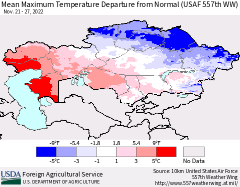 Kazakhstan Mean Maximum Temperature Departure from Normal (USAF 557th WW) Thematic Map For 11/21/2022 - 11/27/2022