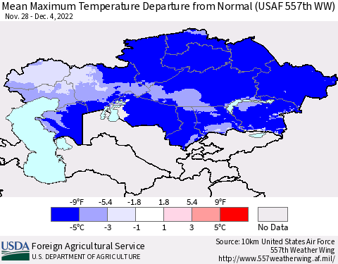Kazakhstan Mean Maximum Temperature Departure from Normal (USAF 557th WW) Thematic Map For 11/28/2022 - 12/4/2022