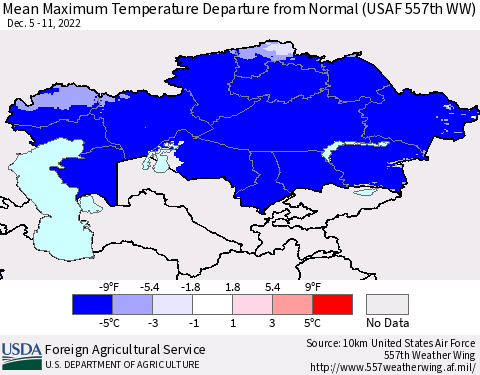 Kazakhstan Mean Maximum Temperature Departure from Normal (USAF 557th WW) Thematic Map For 12/5/2022 - 12/11/2022