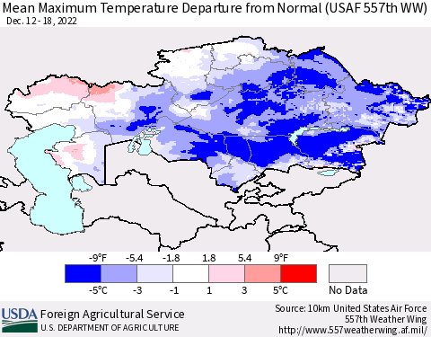 Kazakhstan Mean Maximum Temperature Departure from Normal (USAF 557th WW) Thematic Map For 12/12/2022 - 12/18/2022