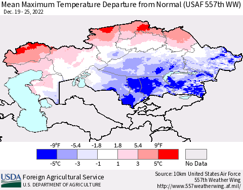 Kazakhstan Mean Maximum Temperature Departure from Normal (USAF 557th WW) Thematic Map For 12/19/2022 - 12/25/2022