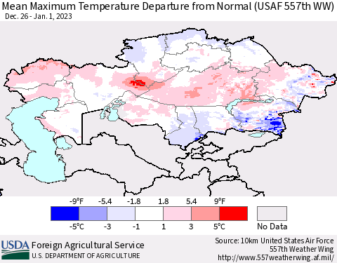 Kazakhstan Mean Maximum Temperature Departure from Normal (USAF 557th WW) Thematic Map For 12/26/2022 - 1/1/2023