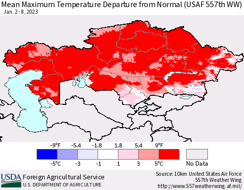 Kazakhstan Mean Maximum Temperature Departure from Normal (USAF 557th WW) Thematic Map For 1/2/2023 - 1/8/2023