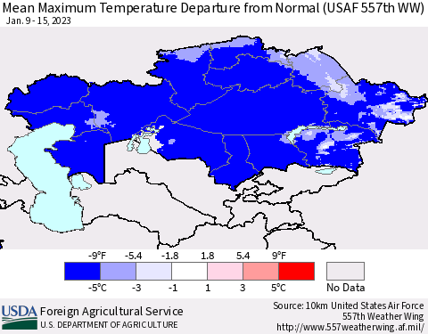 Kazakhstan Mean Maximum Temperature Departure from Normal (USAF 557th WW) Thematic Map For 1/9/2023 - 1/15/2023