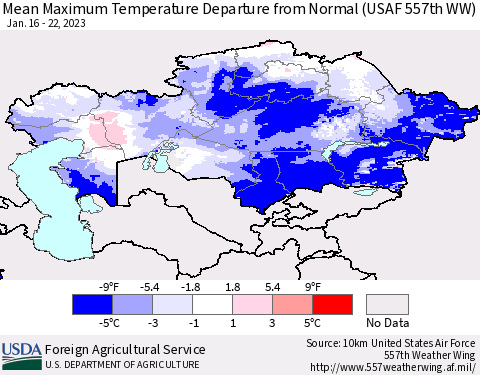 Kazakhstan Mean Maximum Temperature Departure from Normal (USAF 557th WW) Thematic Map For 1/16/2023 - 1/22/2023