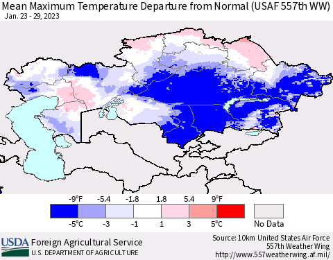 Kazakhstan Mean Maximum Temperature Departure from Normal (USAF 557th WW) Thematic Map For 1/23/2023 - 1/29/2023