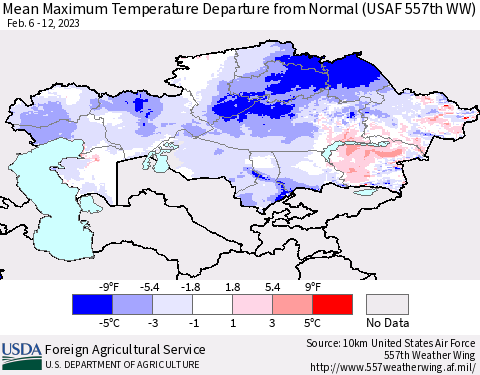 Kazakhstan Mean Maximum Temperature Departure from Normal (USAF 557th WW) Thematic Map For 2/6/2023 - 2/12/2023
