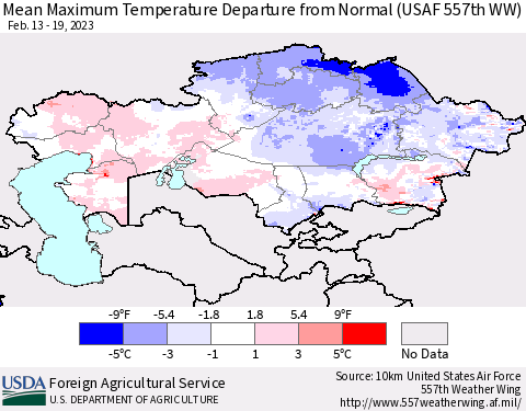 Kazakhstan Mean Maximum Temperature Departure from Normal (USAF 557th WW) Thematic Map For 2/13/2023 - 2/19/2023