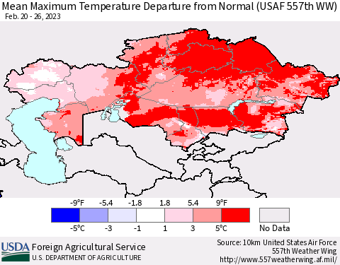 Kazakhstan Mean Maximum Temperature Departure from Normal (USAF 557th WW) Thematic Map For 2/20/2023 - 2/26/2023
