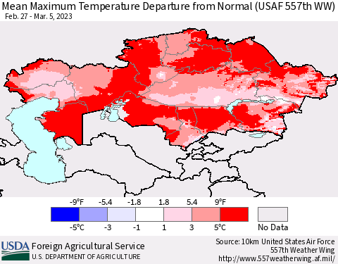Kazakhstan Mean Maximum Temperature Departure from Normal (USAF 557th WW) Thematic Map For 2/27/2023 - 3/5/2023