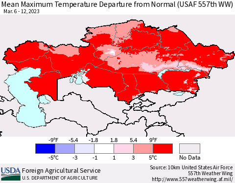 Kazakhstan Mean Maximum Temperature Departure from Normal (USAF 557th WW) Thematic Map For 3/6/2023 - 3/12/2023