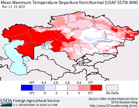 Kazakhstan Mean Maximum Temperature Departure from Normal (USAF 557th WW) Thematic Map For 3/13/2023 - 3/19/2023