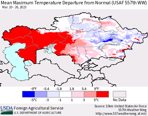Kazakhstan Mean Maximum Temperature Departure from Normal (USAF 557th WW) Thematic Map For 3/20/2023 - 3/26/2023