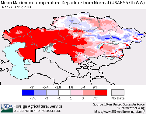 Kazakhstan Mean Maximum Temperature Departure from Normal (USAF 557th WW) Thematic Map For 3/27/2023 - 4/2/2023