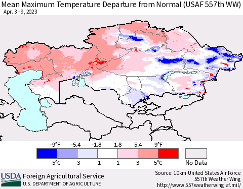 Kazakhstan Mean Maximum Temperature Departure from Normal (USAF 557th WW) Thematic Map For 4/3/2023 - 4/9/2023