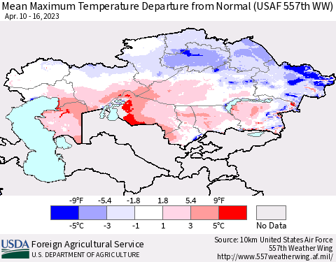 Kazakhstan Mean Maximum Temperature Departure from Normal (USAF 557th WW) Thematic Map For 4/10/2023 - 4/16/2023