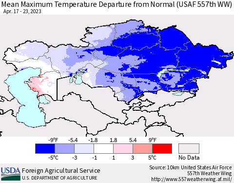 Kazakhstan Mean Maximum Temperature Departure from Normal (USAF 557th WW) Thematic Map For 4/17/2023 - 4/23/2023