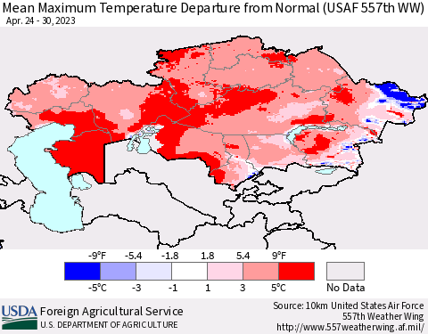 Kazakhstan Mean Maximum Temperature Departure from Normal (USAF 557th WW) Thematic Map For 4/24/2023 - 4/30/2023