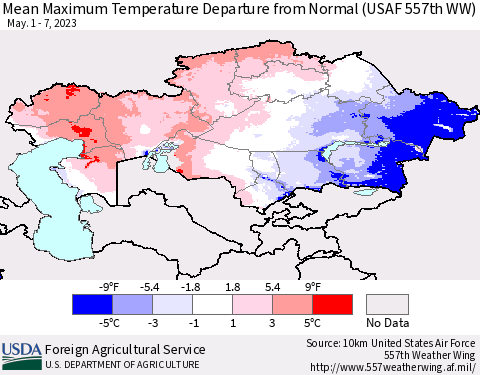 Kazakhstan Mean Maximum Temperature Departure from Normal (USAF 557th WW) Thematic Map For 5/1/2023 - 5/7/2023