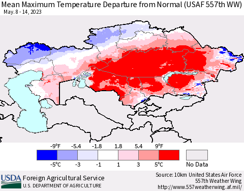 Kazakhstan Mean Maximum Temperature Departure from Normal (USAF 557th WW) Thematic Map For 5/8/2023 - 5/14/2023