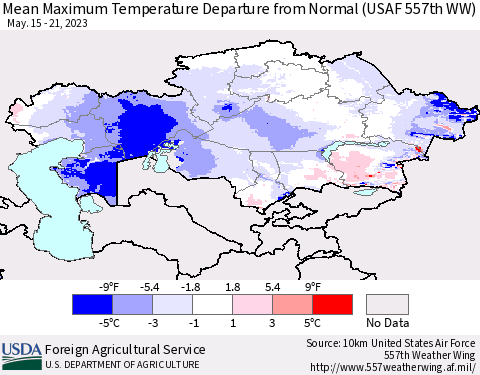 Kazakhstan Mean Maximum Temperature Departure from Normal (USAF 557th WW) Thematic Map For 5/15/2023 - 5/21/2023