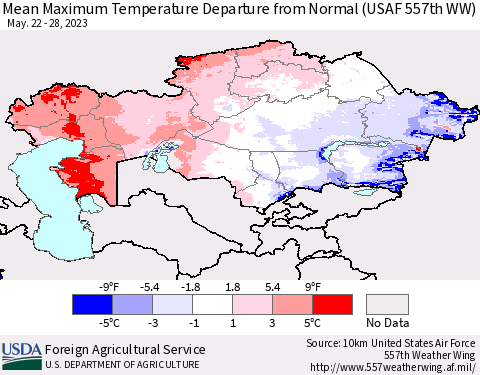 Kazakhstan Mean Maximum Temperature Departure from Normal (USAF 557th WW) Thematic Map For 5/22/2023 - 5/28/2023
