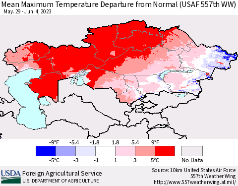 Kazakhstan Mean Maximum Temperature Departure from Normal (USAF 557th WW) Thematic Map For 5/29/2023 - 6/4/2023