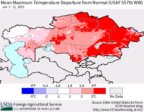 Kazakhstan Mean Maximum Temperature Departure from Normal (USAF 557th WW) Thematic Map For 6/5/2023 - 6/11/2023