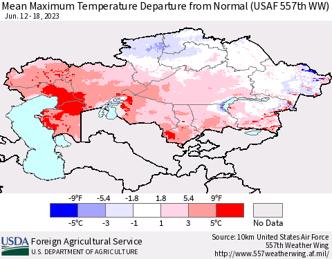 Kazakhstan Mean Maximum Temperature Departure from Normal (USAF 557th WW) Thematic Map For 6/12/2023 - 6/18/2023