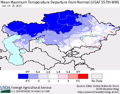 Kazakhstan Mean Maximum Temperature Departure from Normal (USAF 557th WW) Thematic Map For 6/19/2023 - 6/25/2023