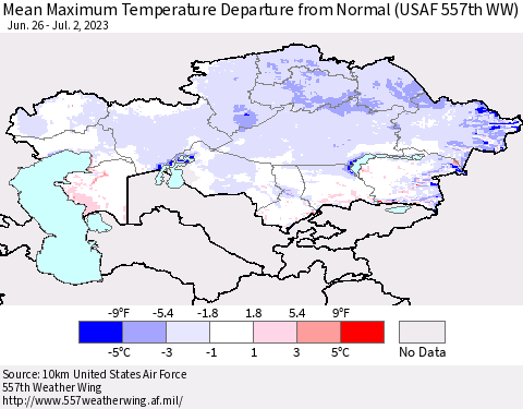 Kazakhstan Mean Maximum Temperature Departure from Normal (USAF 557th WW) Thematic Map For 6/26/2023 - 7/2/2023