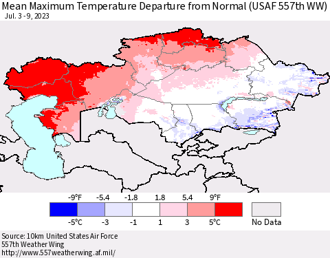 Kazakhstan Mean Maximum Temperature Departure from Normal (USAF 557th WW) Thematic Map For 7/3/2023 - 7/9/2023