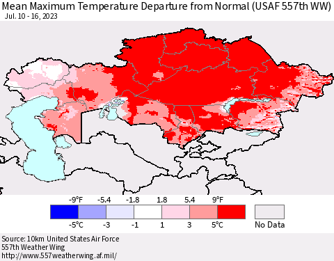 Kazakhstan Mean Maximum Temperature Departure from Normal (USAF 557th WW) Thematic Map For 7/10/2023 - 7/16/2023