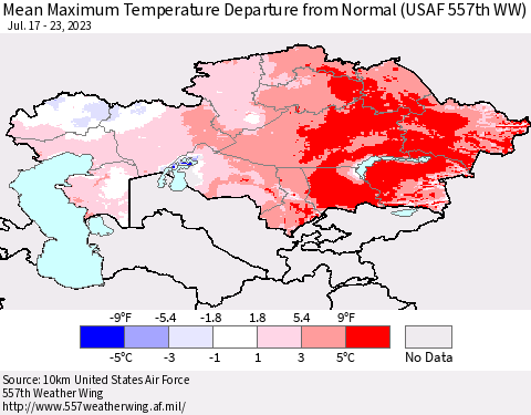 Kazakhstan Mean Maximum Temperature Departure from Normal (USAF 557th WW) Thematic Map For 7/17/2023 - 7/23/2023