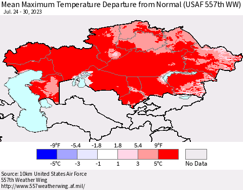 Kazakhstan Mean Maximum Temperature Departure from Normal (USAF 557th WW) Thematic Map For 7/24/2023 - 7/30/2023