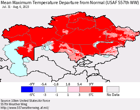 Kazakhstan Mean Maximum Temperature Departure from Normal (USAF 557th WW) Thematic Map For 7/31/2023 - 8/6/2023