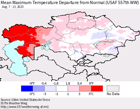 Kazakhstan Mean Maximum Temperature Departure from Normal (USAF 557th WW) Thematic Map For 8/7/2023 - 8/13/2023