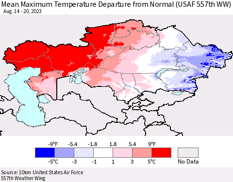 Kazakhstan Mean Maximum Temperature Departure from Normal (USAF 557th WW) Thematic Map For 8/14/2023 - 8/20/2023