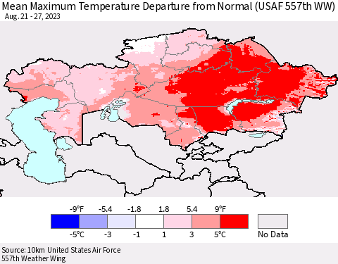 Kazakhstan Mean Maximum Temperature Departure from Normal (USAF 557th WW) Thematic Map For 8/21/2023 - 8/27/2023