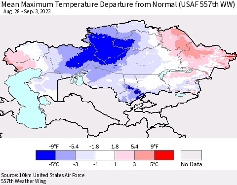 Kazakhstan Mean Maximum Temperature Departure from Normal (USAF 557th WW) Thematic Map For 8/28/2023 - 9/3/2023