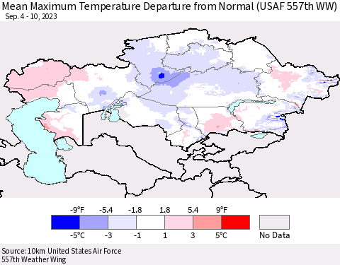 Kazakhstan Mean Maximum Temperature Departure from Normal (USAF 557th WW) Thematic Map For 9/4/2023 - 9/10/2023