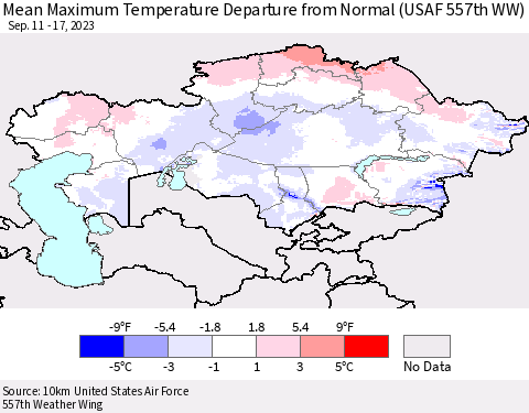 Kazakhstan Mean Maximum Temperature Departure from Normal (USAF 557th WW) Thematic Map For 9/11/2023 - 9/17/2023