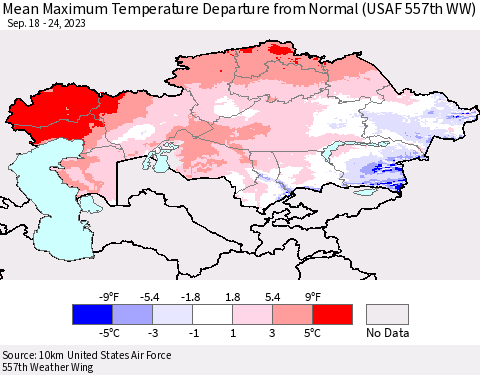 Kazakhstan Mean Maximum Temperature Departure from Normal (USAF 557th WW) Thematic Map For 9/18/2023 - 9/24/2023