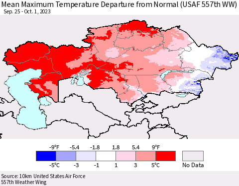 Kazakhstan Mean Maximum Temperature Departure from Normal (USAF 557th WW) Thematic Map For 9/25/2023 - 10/1/2023