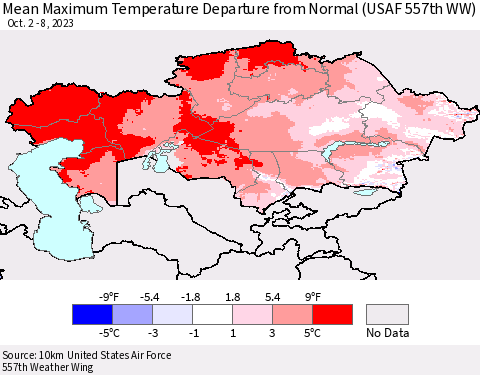 Kazakhstan Mean Maximum Temperature Departure from Normal (USAF 557th WW) Thematic Map For 10/2/2023 - 10/8/2023