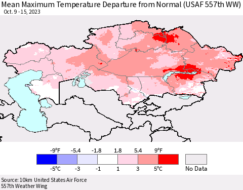Kazakhstan Mean Maximum Temperature Departure from Normal (USAF 557th WW) Thematic Map For 10/9/2023 - 10/15/2023