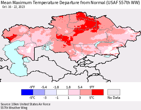 Kazakhstan Mean Maximum Temperature Departure from Normal (USAF 557th WW) Thematic Map For 10/16/2023 - 10/22/2023