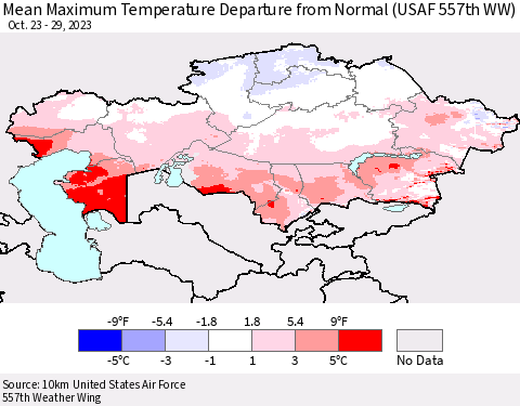 Kazakhstan Mean Maximum Temperature Departure from Normal (USAF 557th WW) Thematic Map For 10/23/2023 - 10/29/2023