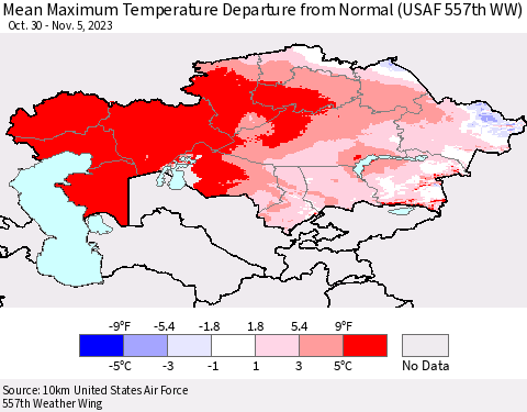 Kazakhstan Mean Maximum Temperature Departure from Normal (USAF 557th WW) Thematic Map For 10/30/2023 - 11/5/2023